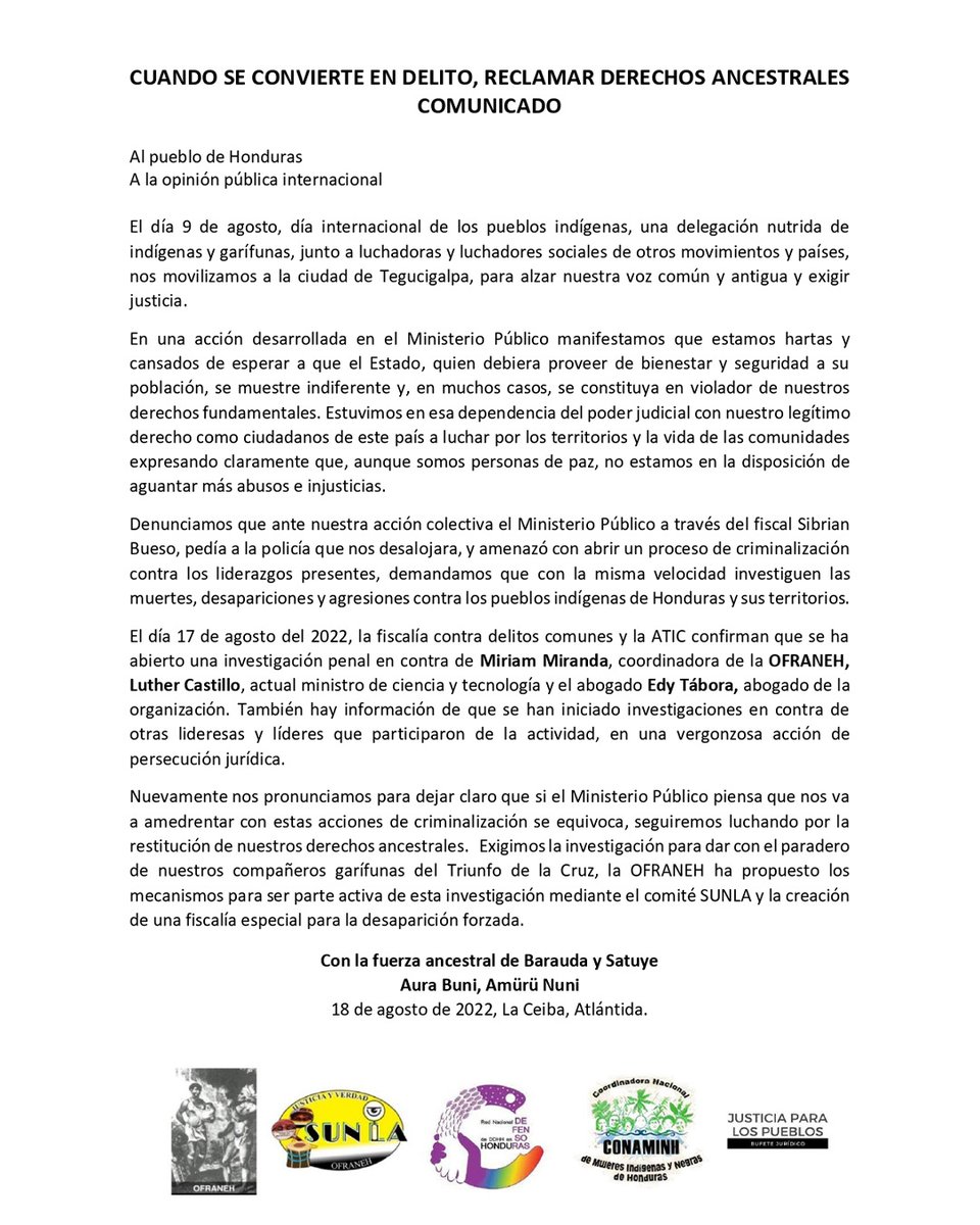 COPINHHONDURAS's tweet photo. 📢 #ATERTA | @MP_Honduras criminaliza a defensoras y defensores de los territorios.
El pasado 17 de agosto del 2022, la ATIC confirmó que ha abierto una investigación penal en contra de Miriam Miranda, coordinadora de la OFRANEH, Luther Castillo y el abogado Edy Tábora. https://t.co/7pnnq9e6c7