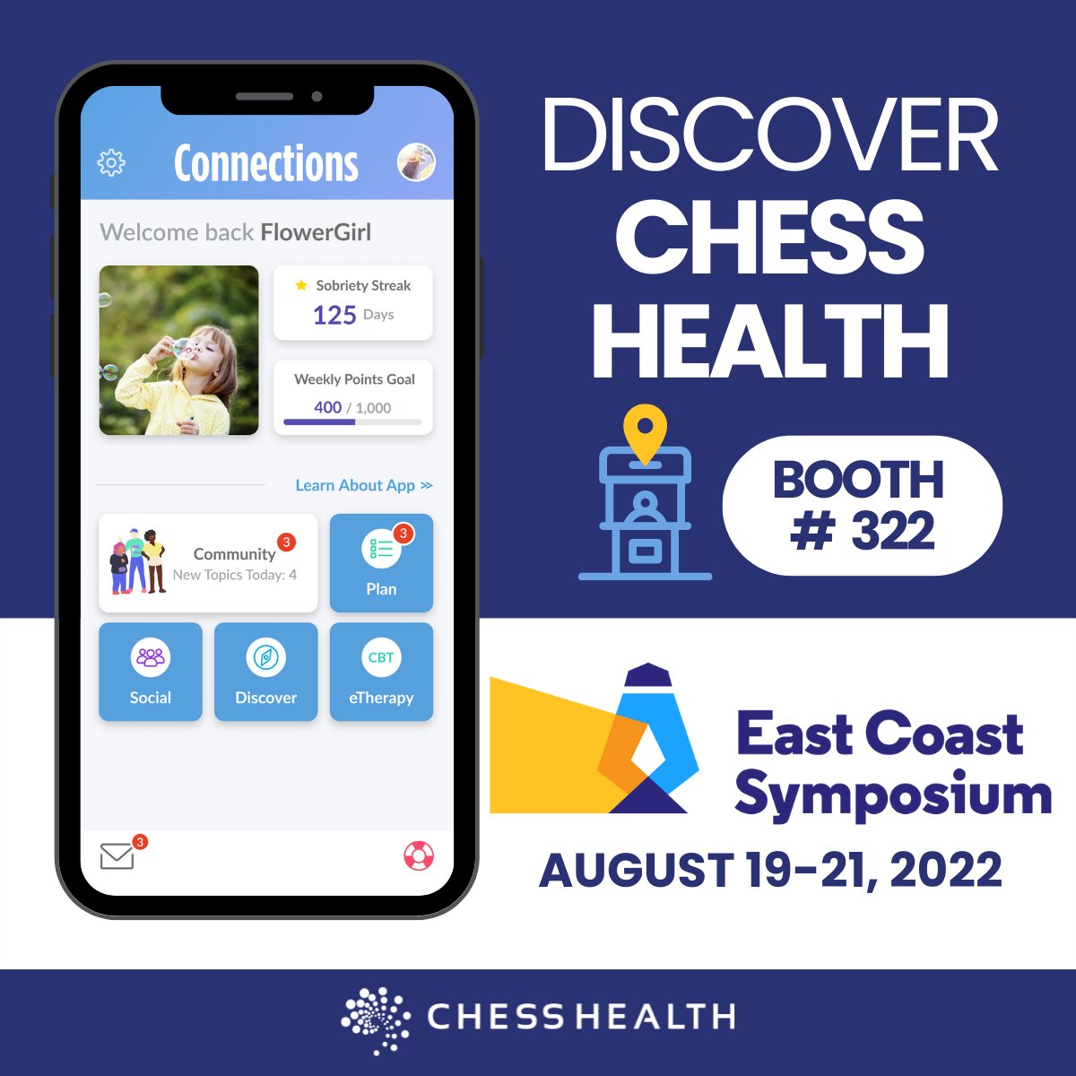 CHESSmh's tweet image. We're ending our week in Baltimore at the #EastCoastSymposium22! Stop by booth #322 and discover #CHESSHealth 💙 #RecoveryApp #PeerSupport #24x7