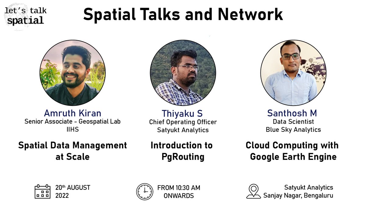 letstalkspatial's tweet photo. We have some exciting talks lined up for the first #geospatial meetup.
@Amruthkiran94 will talk about Spatial Data Management - at Scale
@IamThiyaku will give an introduction to #PgRouting
@santhosh_m31 will give hands on demo to Earth Engine
More Info: https://t.co/dDKEt5sSdV https://t.co/WenwuglAgM