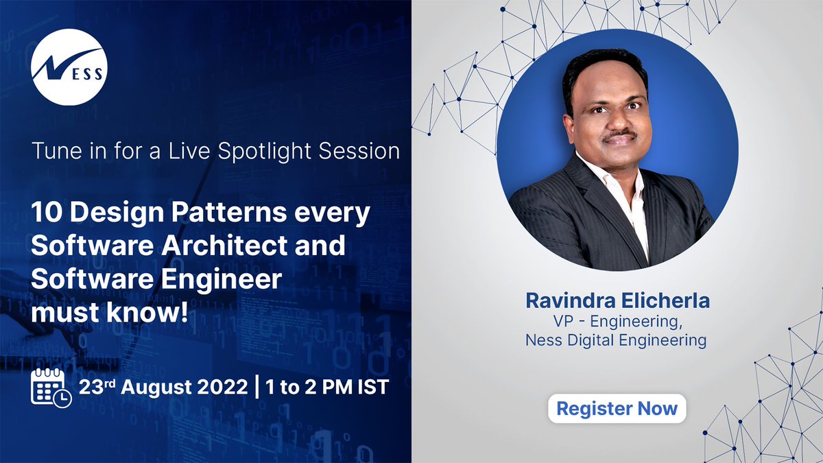 india_ness's tweet photo. Join us for a Spotlight session on 10 Design Patterns every Software Architect and Software Engineer must know, by Ravindra ELICHERLA, VP, Engineering, Ness Digital Engineering. Watch out for more live events! #LifeAtNess https://t.co/ezwBWG5jIq... https://t.co/2K2GtXCIW6