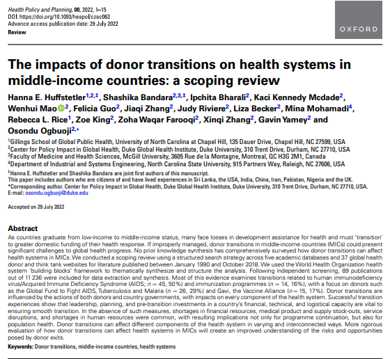 Huffstetler_HE's tweet photo. Donors are increasingly re-evaluating the provision of development assistance to countries seen as capable of self-financing. How might these transitions impact health systems &amp; programming? Our team @DukeCPIGH conducted a scoping review to find out.

https://t.co/B1wu7RYDVF https://t.co/9Mtonggvnc