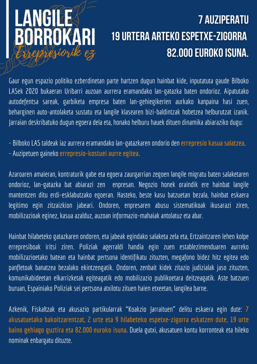 korapiloa_'s tweet photo. Lan-gatazka batengatik guztira 19 urte baino gehiagoko espetxe zigorra eta 82.000 euroko isunak ezarri nahi dizkigute.

Errepresio kasu hau salatu, eta haren ondorioei aurre egiteko helburuz abiarazi dugu elkartasun dinamika hau.

Klase elkartasuna antolatu!⬇️ https://t.co/nYYMxSazZ4