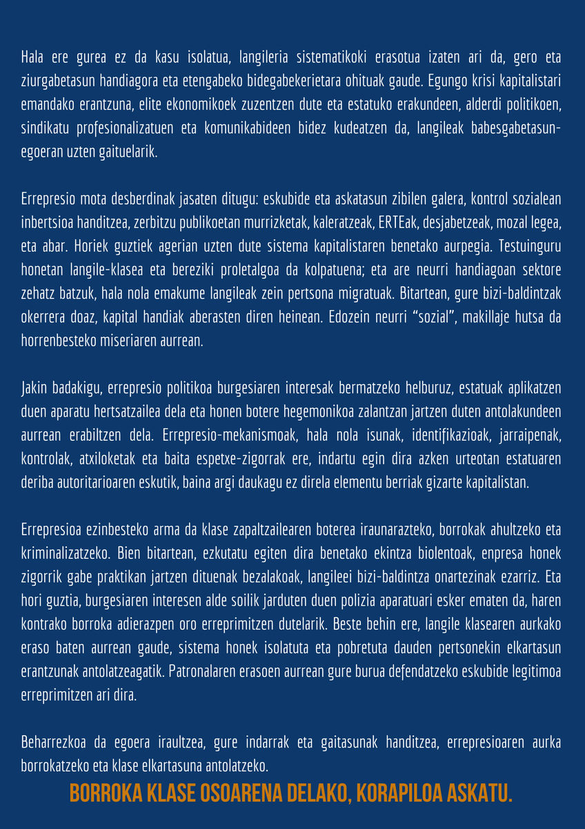 korapiloa_'s tweet photo. Lan-gatazka batengatik guztira 19 urte baino gehiagoko espetxe zigorra eta 82.000 euroko isunak ezarri nahi dizkigute.

Errepresio kasu hau salatu, eta haren ondorioei aurre egiteko helburuz abiarazi dugu elkartasun dinamika hau.

Klase elkartasuna antolatu!⬇️ https://t.co/nYYMxSazZ4