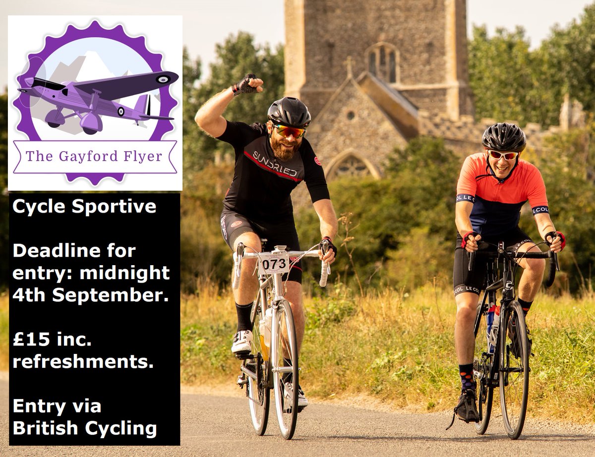 #Hadleigh 7th Gayford Flyer #sportive will take place on Sunday, 11/9. £15 to enter inc food &amp; music at The George. 2 signed &amp; lightly-trafficked routes - 30 &amp; 60 miles. Entry via britishcycling.org.uk/events/details…   <a href="/rovers_cc/">Colchester Rovers CC</a> <a href="/maglia_rosso/">MagliaRosso</a> <a href="/BritishCycling/">British Cycling</a> <a href="/BDCCommunities/">BaberghMidSuffolkDC</a> <a href="/Most_Active/">Keep Moving Suffolk</a>