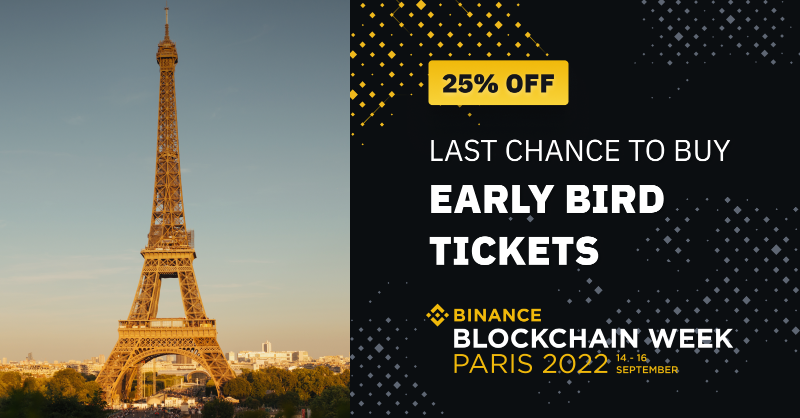 binance's tweet photo. Early Bird ticket sales for #BinanceBlockchainWeek Paris ends today! 

Come join us in Paris from September 14-16 to experience the evolution of Web3 and much more 🤝