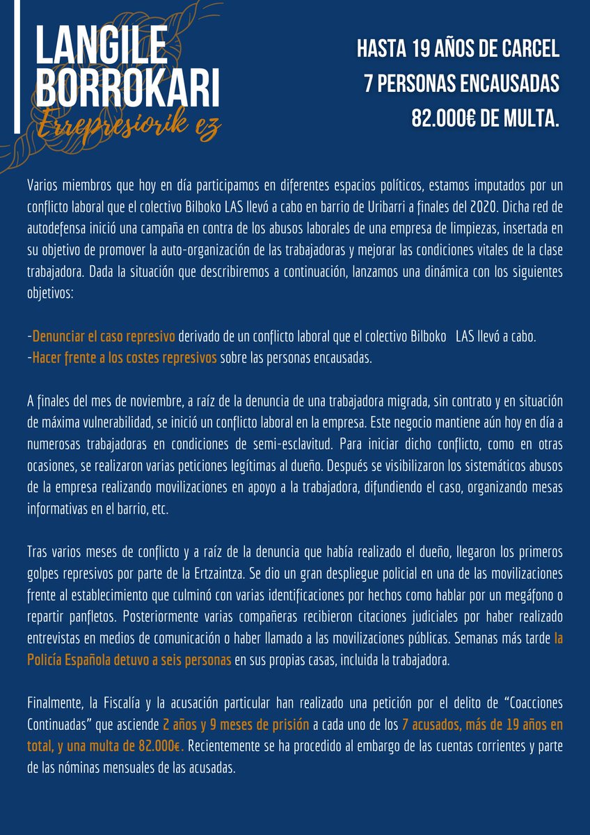 korapiloa_'s tweet photo. Piden un total de 19 años de cárcel y 82.000 euros de multa por participar en un conflicto laboral.

Ponemos en marcha esta dinámica de solidaridad con el objetivo de denunciar este caso represivo y hacer frente a sus consecuencias.

¡Organicemos la solidaridad de clase!⬇️ https://t.co/gQdP0OuSsk