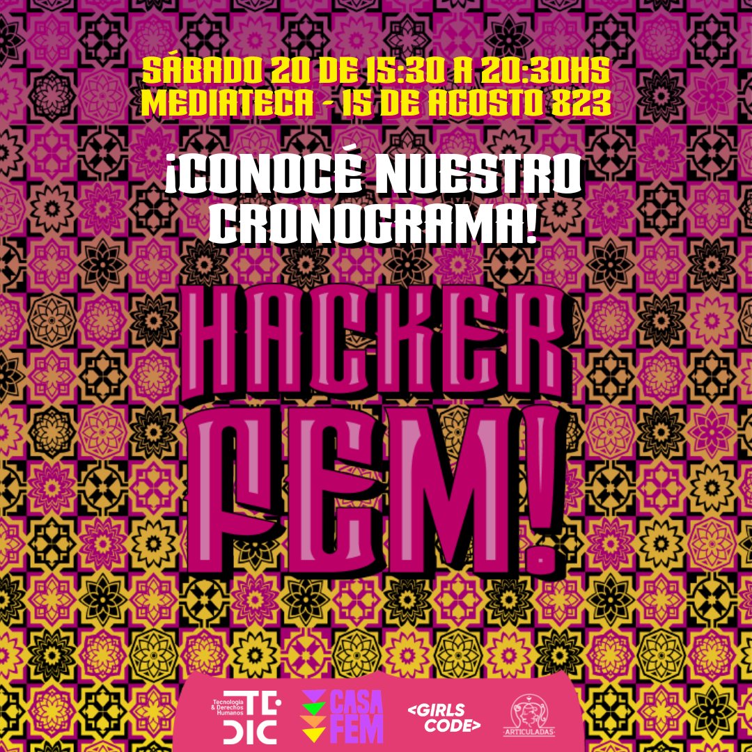 TEDICpy's tweet photo. Mirá aquí el cronograma completo de charlas y talleres de este sábado 20/08 en #HackerFem! 2022 🗓️👩‍💻

Mañana continuaremos con un intenso día de charlas y talleres donde seguiremos compartiendo experiencias y aprendizajes cyborgfeministas. ¡Hacé el espacio a tu agenda! [HILO 👇] https://t.co/QdHSWTZT6n