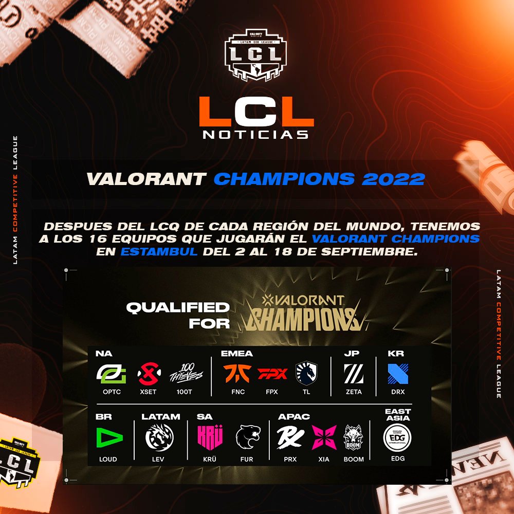 Valorant Champions 2022🌎

Después de culminar el LCQ de cada región tenemos los 16 equipos clasificados que jugarán el
 Valorant Champions en Estambul.

Y cuál es tu equipo favorito? 👀

#VALORANTChampions 
#Estambul