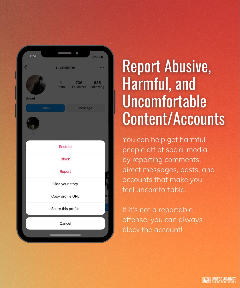 Did you know that traffickers look for victims on social media? Here are 4 ways you can stay safe:

🔒 Keep your profiles private

🚫 Don't share details about your life - like about mental health or your location

👀 Watch out for catfishes

❗ Report harmful content/accounts