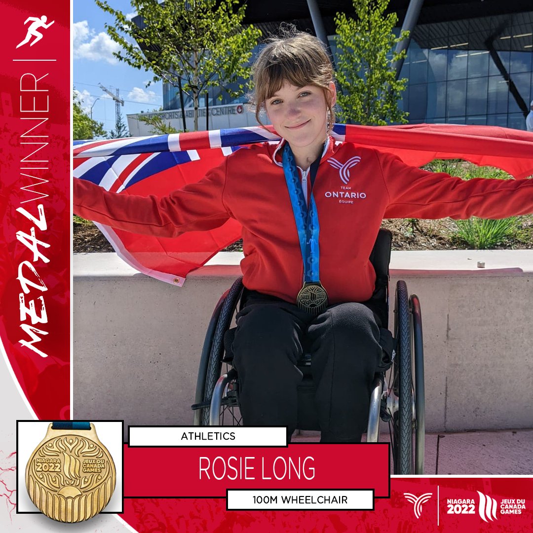Team Ontario (@goteamontario) on Twitter photo MEDAL ALERT 🚨
Heading to the top of the <a href="/2022CanadaGames/">Niagara 2022 Canada Summer Games</a> podium! 📈 After taking silver earlier in the Games, Rosie Long (Oakville, Ont.) gets the 🥇 in her 100m wheelchair race, crossing the line in a time of 20.83 for #TeamO! 👟
#GoTeamO⭕ | #CGAthletics MEDAL ALERT 🚨
Heading to the top of the <a href="/2022CanadaGames/">Niagara 2022 Canada Summer Games</a> podium! 📈 After taking silver earlier in the Games, Rosie Long (Oakville, Ont.) gets the 🥇 in her 100m wheelchair race, crossing the line in a time of 20.83 for #TeamO! 👟
#GoTeamO⭕ | #CGAthletics