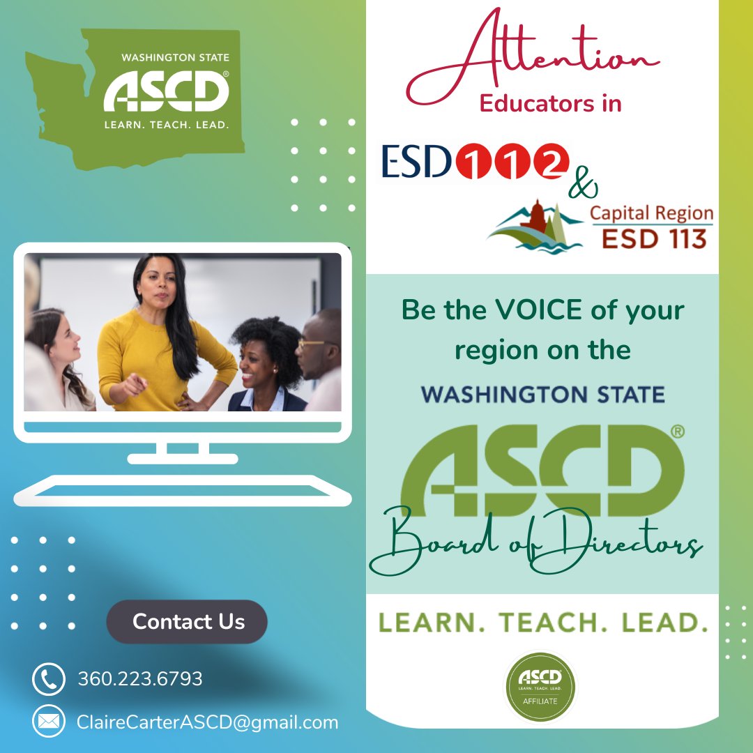 Have you ever wanted to do more for Washington State educators? Now is your chance! If you live/work in @ESD113 or @ESD112, you have an opportunity to serve your region on the @WashingtonStateASCD Board of Directors. Please reach out to me for more information! 😀