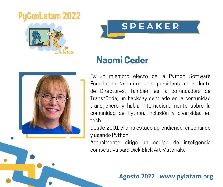 PyLatam's tweet image. 📢Speaker
Conoce a Naomi Ceder, keynote de este año en #PyConLatam2022🎉

Les contamos que Naomi nos trae su keynote que será presentado en Español, y en una charla adicional en idioma Portugués titulada:

&quot;Un tempo de presentes&quot;

Obtén tu boleto:
events.hubilo.com/pycon-latam-20…

#Python