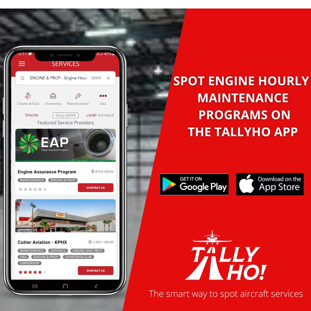 tallyho_apps's tweet photo. Download the TallyHo! app and spot hourly maintenance programs for engines. 
#tallyho # serviceprovider #fbo #aviation #aircraftservices #spotyourservices https://t.co/IPCWZeprPO
