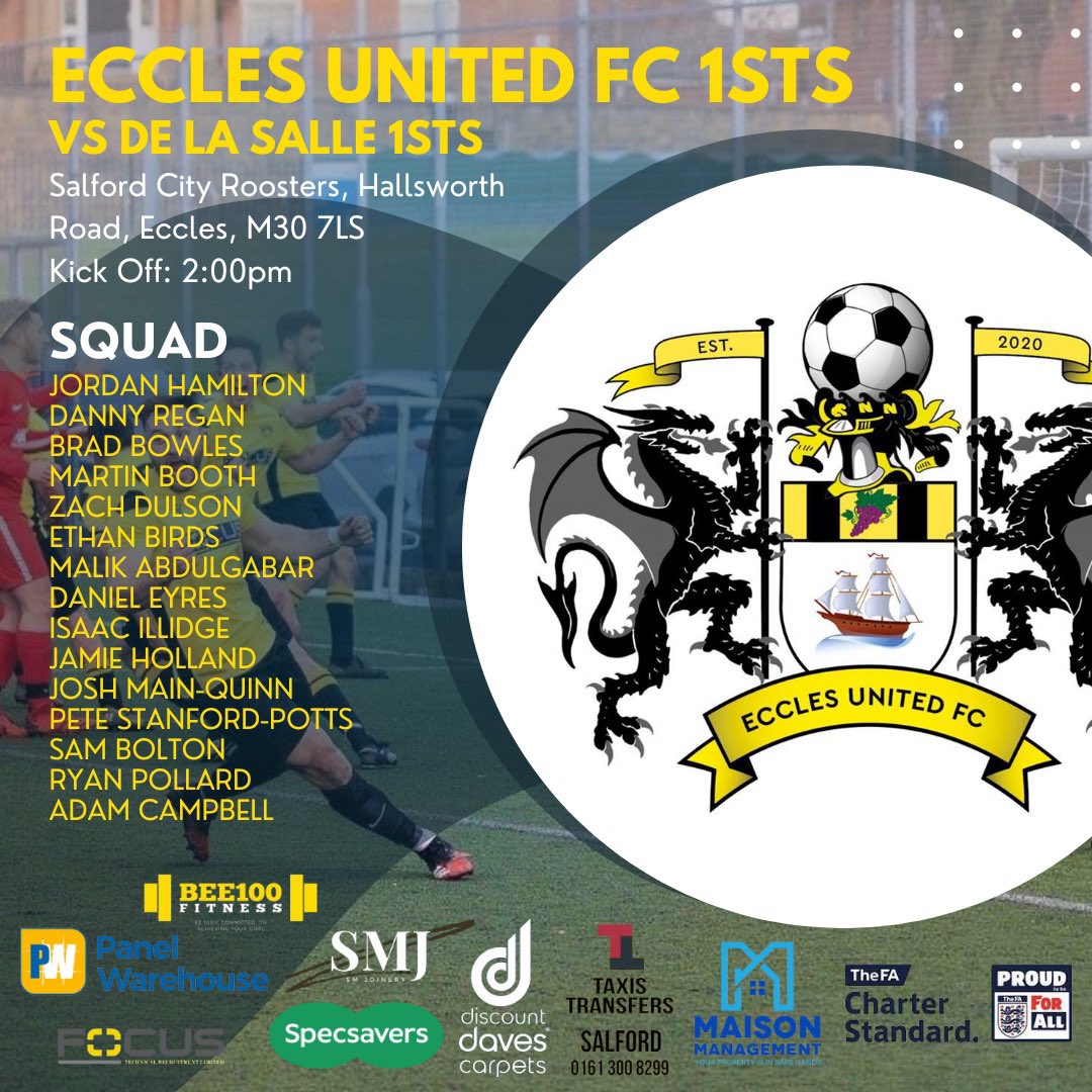 EcclesUnited's tweet photo. SQUADS:
After 3 long months, competitive football is back! The Firsts kick off their maiden @THEMCRFL campaign at home to De La. 

The Seconds continue pre-season with a trip to Stockport.

Bar is open at Roosters so get down and watch the boys kick off the season!

#UTE��� https://t.co/gDsltVfPZv
