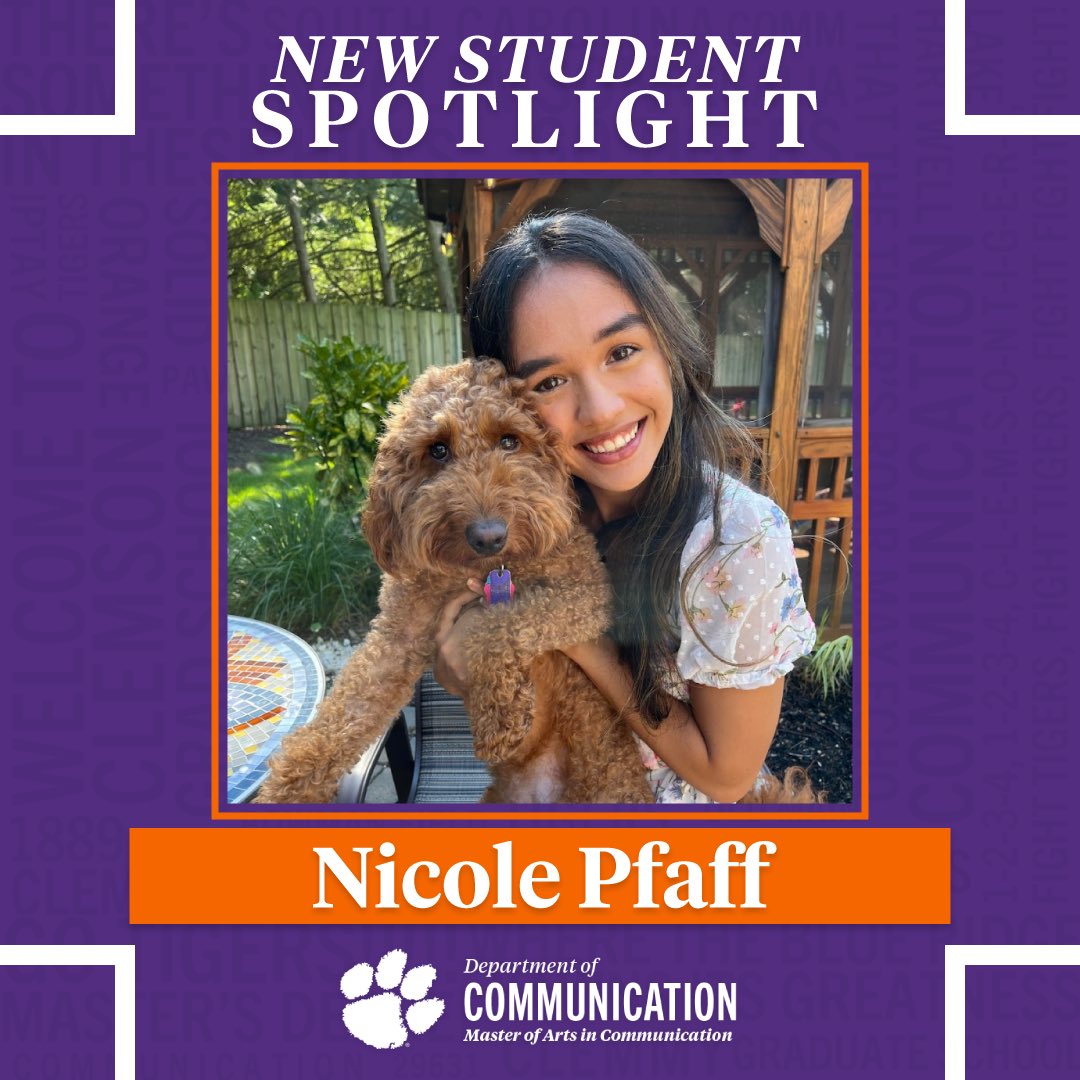 ClemsonMAComm's tweet photo. Meet Nicole Pfaff! Nicole is from Lebanon, Pennsylvania, and has a BA in Sports Communication with a minor in Journalism from @bradleyu. Her research interests include sports communication and media representation. https://t.co/8gB1RZ0jSL