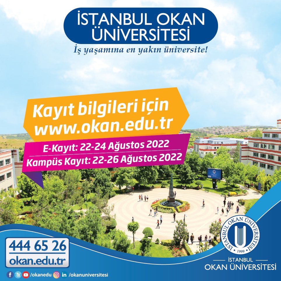 Aramıza yeni katılan öğrencilerimiz; 

Üniversitemize kayıtlar, ÖSYM’nin belirtmiş olduğu 22-26 Ağustos 2022 tarihlerinde ve 08.30 – 17.30 saatleri arasında, Tuzla Kampüsümüzden alınacaktır.

Ayrıntılı bilgi için🔗okan.edu.tr/kayit

#İstanbulOkanÜniversitesi
