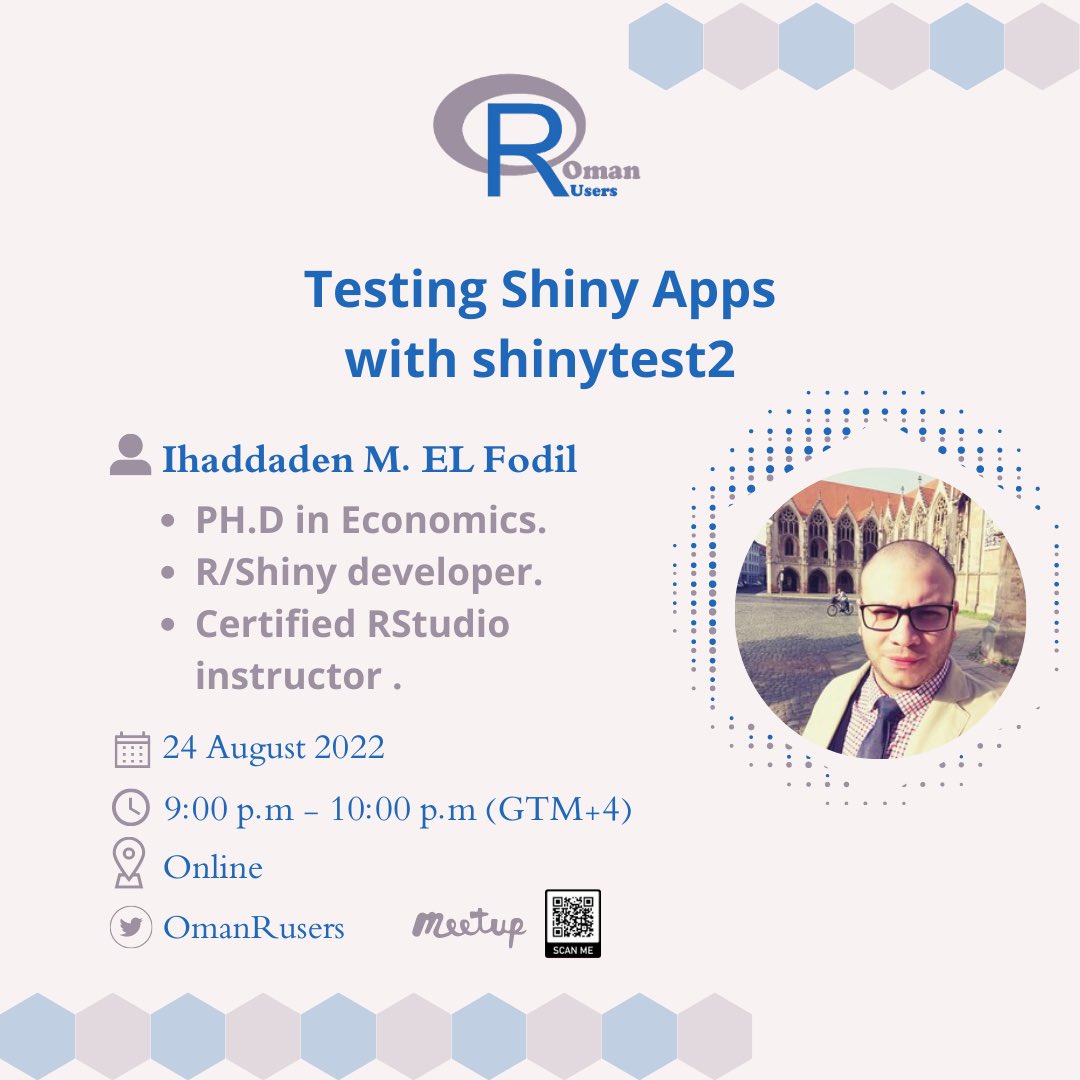 Oman R Users (@omanrusers) on Twitter photo Hi everyone!
Join us to learn how:
📌Testing Shiny Apps with shinytest2.
Presented by: Dr. Mohamed Fodil <a href="/moh_fodil/">Ihaddaden M. EL Fodil, Ph.D</a> (Shiny developer)
Our meetup link:
meetu.ps/e/LmKnM/MqsHh/a
#r
#shiny
#RStats Hi everyone!
Join us to learn how:
📌Testing Shiny Apps with shinytest2.
Presented by: Dr. Mohamed Fodil <a href="/moh_fodil/">Ihaddaden M. EL Fodil, Ph.D</a> (Shiny developer)
Our meetup link:
meetu.ps/e/LmKnM/MqsHh/a
#r
#shiny
#RStats
