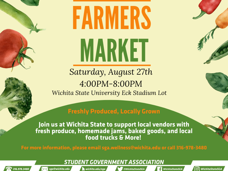 WichitaStateSGA's tweet photo. Join SGA on Saturday, August 27th for Wichita State's first ever Farmer's Market on campus!
#wsufarmersmarket #wichitastatesga https://t.co/kl28MLl7Y2
