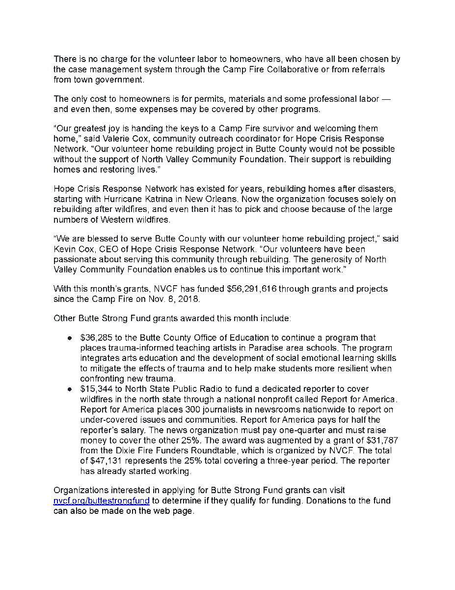 NVCF's tweet photo. Check out our news release outlining our latest Butte Strong Fund grants for Camp Fire recovery. The highlight is a $350,000 grant to Hope Crisis Response Network to help continue the organization's program to build homes for qualifying residents using volunteer labor. https://t.co/xpPzkr4aMb