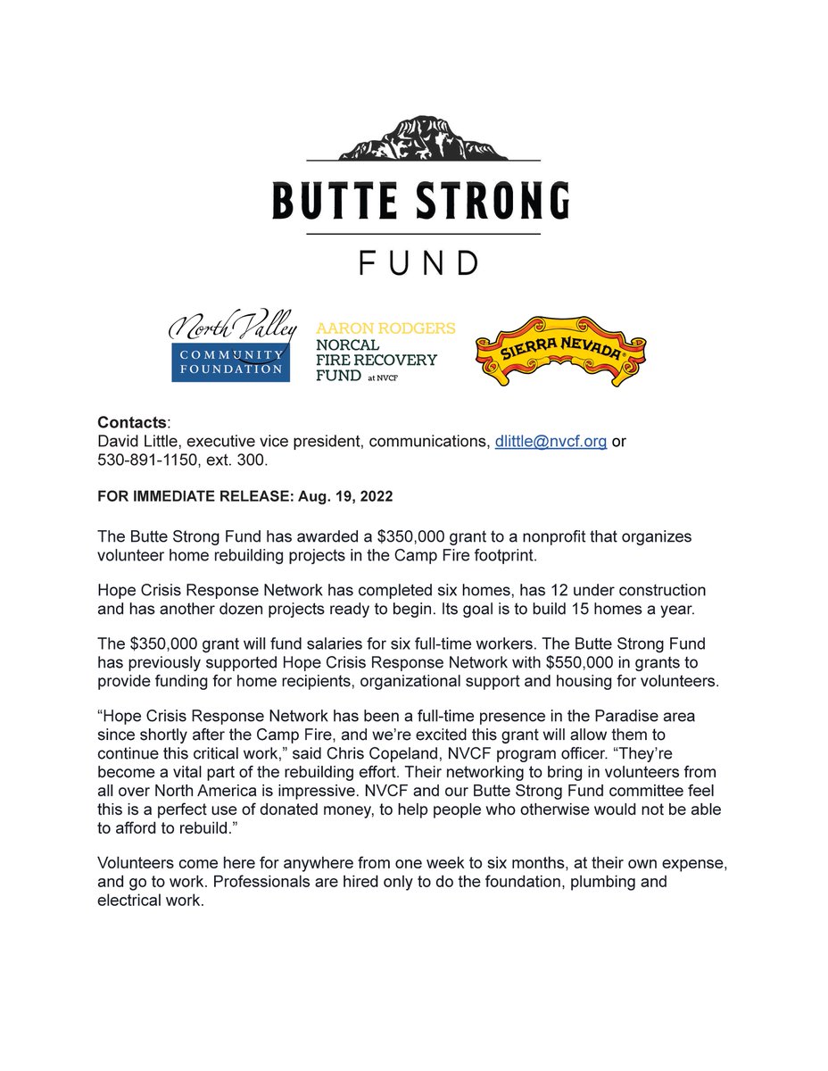 NVCF's tweet photo. Check out our news release outlining our latest Butte Strong Fund grants for Camp Fire recovery. The highlight is a $350,000 grant to Hope Crisis Response Network to help continue the organization's program to build homes for qualifying residents using volunteer labor. https://t.co/xpPzkr4aMb