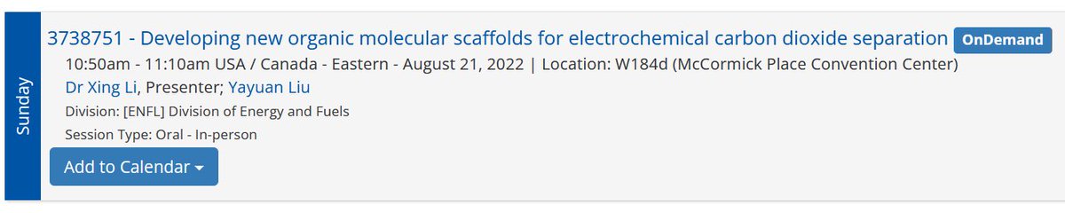 Literally my first ACS meeting. I am so thrilled to give two talks on this Sunday. One will be my current research on electrochemical CO2 capture. The other will be my prior work on COFs for sustainable applications. Stay tuned.😁