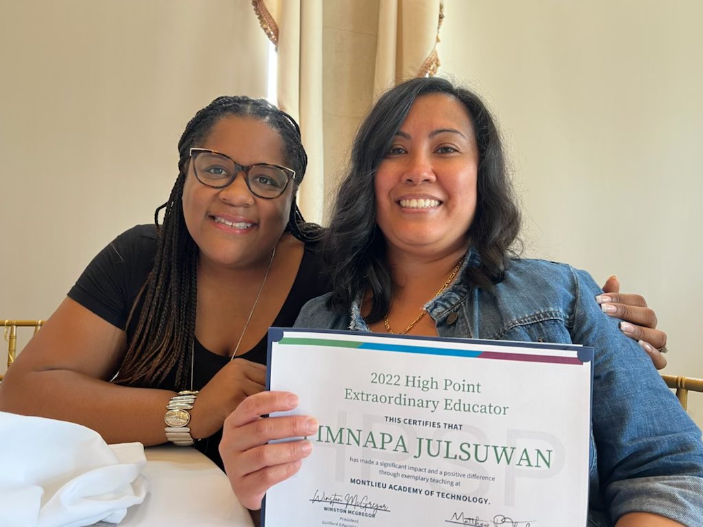 So proud of Montlieu Academy’s very own 2022 Extraordinary Educator, Ms Julsuwan. She was recognized today at the High Point School Partnership Luncheon. Please join me in congratulating her for her hard work, dedication, and love for the scholars of Montlieu! 💙💙💙