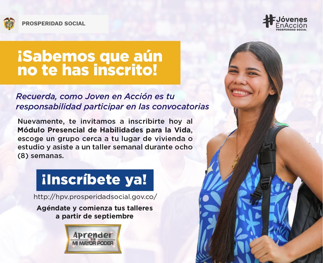 RentaJoven's tweet photo. Una de las responsabilidades de #JovenesEnAccion es participar de las actividades del componente de Habilidades para la Vida. 

No te quedes por fuera e ¡inscríbete HOY! 
https://t.co/EyNjJvnuim 

Recuerda son cupos limitados. 
#HabilidadesParaLaVida #Co #MiHabilidadEsMiPoder https://t.co/PFPjDQbTxW