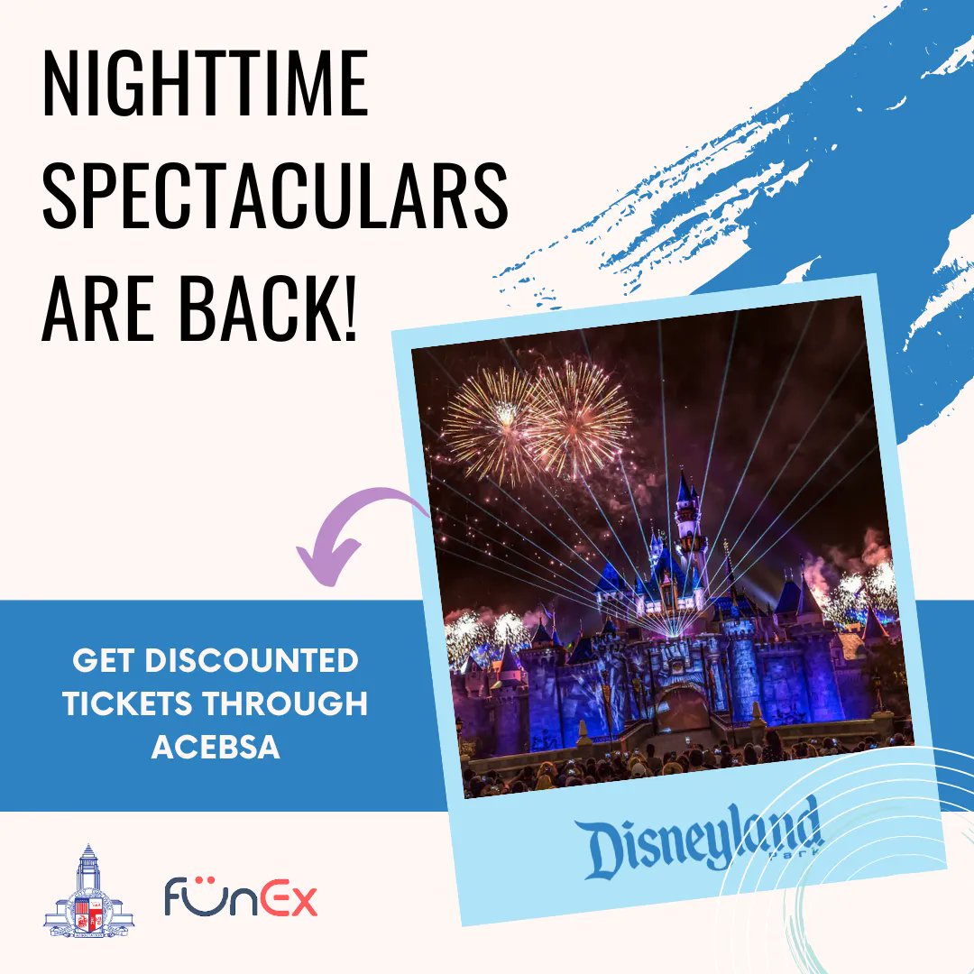 ACEBSA_LA's tweet photo. Whether it's your first time or your 50th, the magic of #nighttimespectaculars at
#Disneyland only gets better 🎆 Don't forget to get your discounted tickets through ACEBSA + FunEx: https://t.co/Xiba5CFH1s
#ACEBSA #Fantasmic #MainStreetElectricalParade #WorldofColor https://t.co/TP7D4RvIrN