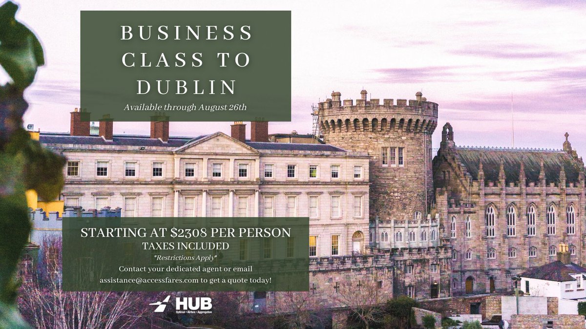 HubFares's tweet photo. Deal of the week! Low fares to Dublin, starting at $2308 per person!

Email assistance@accessfares.com for more info today.

#travel #aviation https://t.co/pC7WiSz5fI