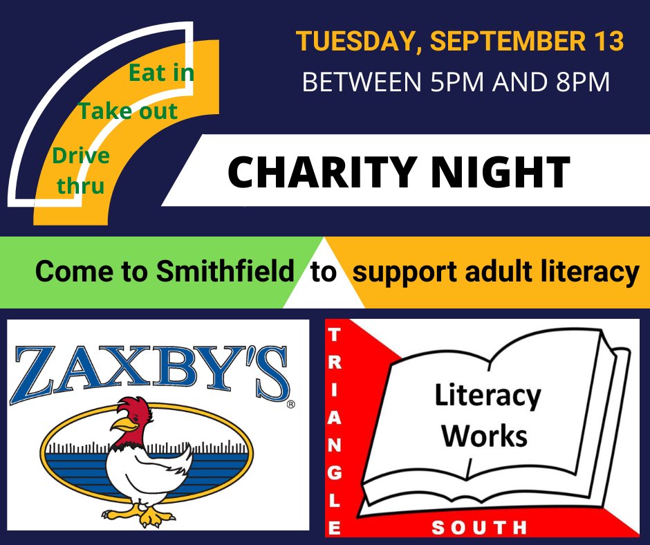 Just a reminder invitation to come to #Zaxby's in Smithfield, NC to support #AdultLiteracy in the Johnston, Harnett &amp; Sampson county areas.