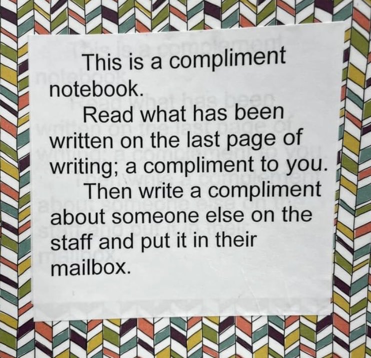 GriselRwallace's tweet photo. I did this with a staff one year and it was wonderful. I see it being just has beneficial with a group of students! #teacher #students #relationships #compliments #writing https://t.co/e0AQW3Wjq6