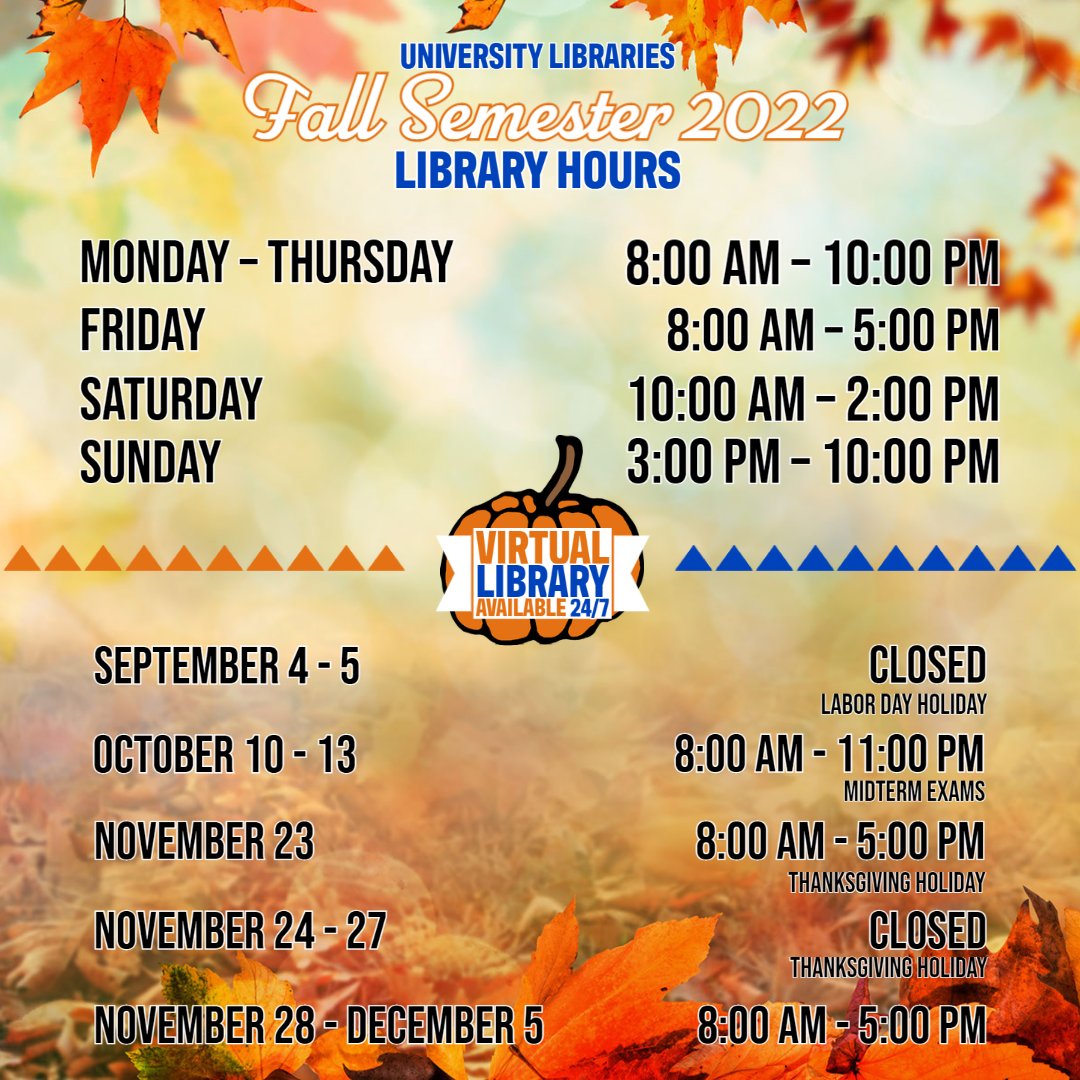 vsulibraries's tweet photo. πππ»ππ±β° Library Fall Hours
https://t.co/KlY66kvEaJ
#FallHours #LibraryHours #VSULibraries #VSU #VIrginiaStateUniversity #GreaterHere #GreaterHappensHere #GreaterAtVSU https://t.co/otxrEmfnAW