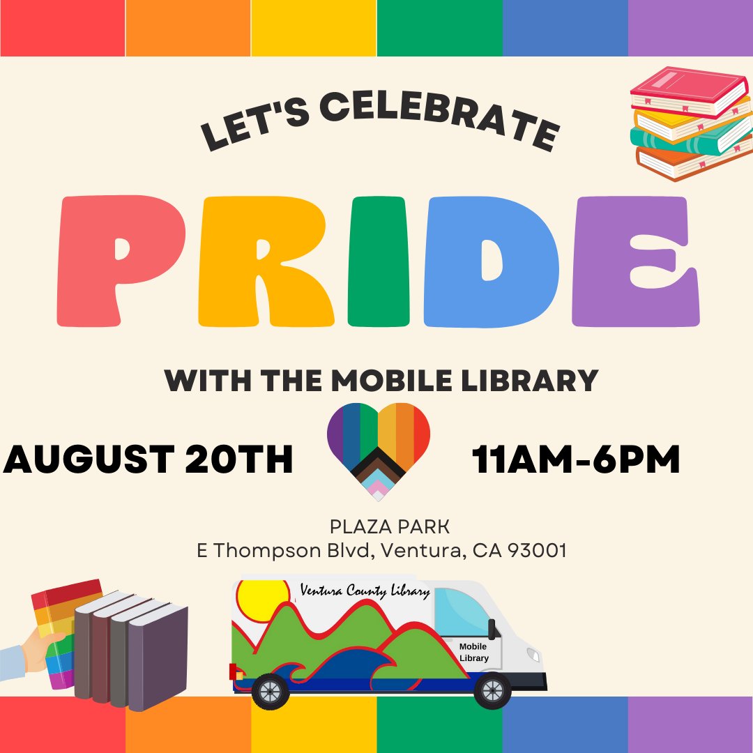 vencolibrary's tweet photo. Hello everyone! Come and celebrate Ventura Pride with the Mobile Library at Plaza Park on August 20th, from 11am-6pm! We hope to see you there! 🚐📚🏳️‍🌈

#VenturaCountyLibrary #MobileLibrary #VenturaPride #lgbtq #librariesforeveryone https://t.co/c9VxuGI8V6
