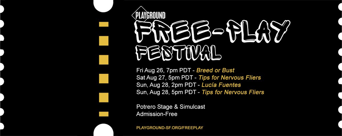 PlayGround (@playgroundsf) on Twitter photo We're excited to announce the
inaugural Free-Play Festival, featuring work from
Joyful Raven, Miyoko Sakatani and Playland
Productions, and Lana Richards!
Head to playground-sf.org/freeplay for tickets and info. We're excited to announce the
inaugural Free-Play Festival, featuring work from
Joyful Raven, Miyoko Sakatani and Playland
Productions, and Lana Richards!
Head to playground-sf.org/freeplay for tickets and info.