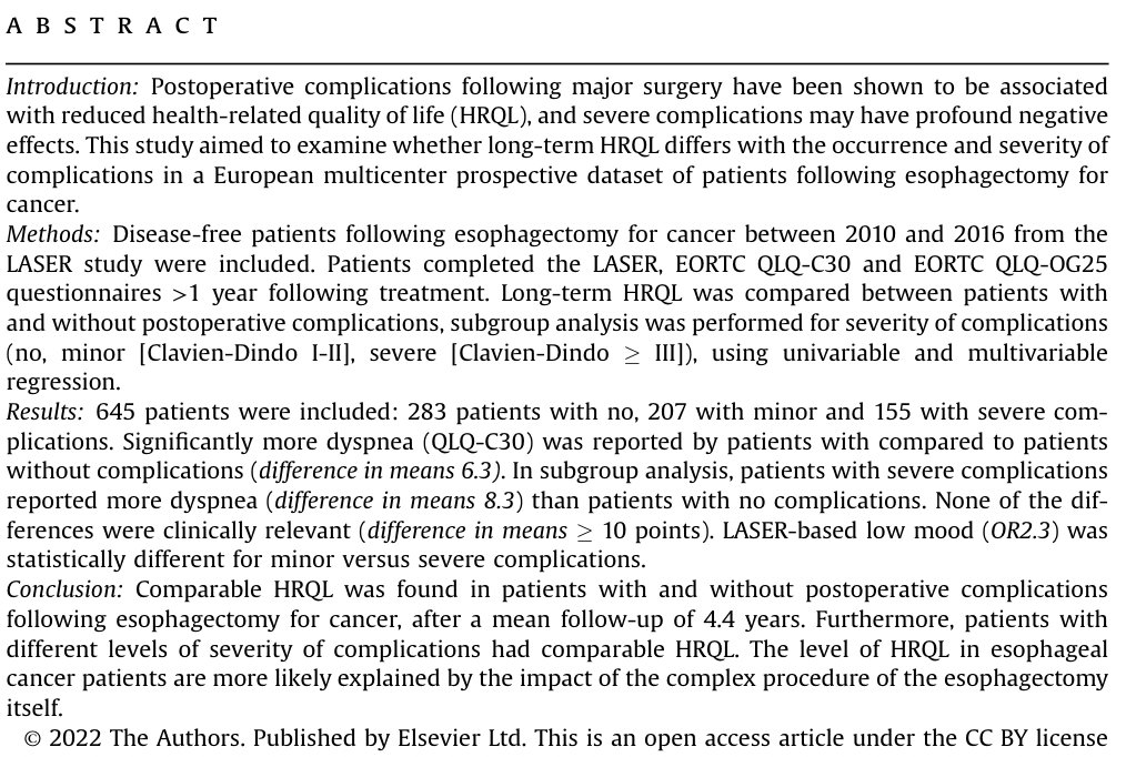 European Journal of Surgical Oncology (@ejsotweets) on Twitter photo Influence of postop complications after esophagectomy for cancer on QoL: A🇪🇺multicenter study
<a href="/ProfLagergren/">Pernilla Lagergren</a> <a href="/MarkarSheraz/">Sheraz Markar</a> <a href="/SSGisbertz/">Suzanne Gisbertz</a> <a href="/mivanbh/">MarkvanBergeHenegouwen</a> <a href="/JessieAElliott/">Jessie Elliott</a> <a href="/PiessenG/">piessen</a> <a href="/bplwijn/">Bas Wijnhoven</a> <a href="/ManuelPera11/">Manuel Pera</a> <a href="/profgeorgehanna/">George Hanna</a> <a href="/Dr___Stef/">Stefan Antonowicz</a> <a href="/maynard_nick/">Nick Maynard</a> <a href="/ShameenJaunoo/">Shameen Jaunoo</a>
bit.ly/3AyoDML Influence of postop complications after esophagectomy for cancer on QoL: A🇪🇺multicenter study
<a href="/ProfLagergren/">Pernilla Lagergren</a> <a href="/MarkarSheraz/">Sheraz Markar</a> <a href="/SSGisbertz/">Suzanne Gisbertz</a> <a href="/mivanbh/">MarkvanBergeHenegouwen</a> <a href="/JessieAElliott/">Jessie Elliott</a> <a href="/PiessenG/">piessen</a> <a href="/bplwijn/">Bas Wijnhoven</a> <a href="/ManuelPera11/">Manuel Pera</a> <a href="/profgeorgehanna/">George Hanna</a> <a href="/Dr___Stef/">Stefan Antonowicz</a> <a href="/maynard_nick/">Nick Maynard</a> <a href="/ShameenJaunoo/">Shameen Jaunoo</a>
bit.ly/3AyoDML