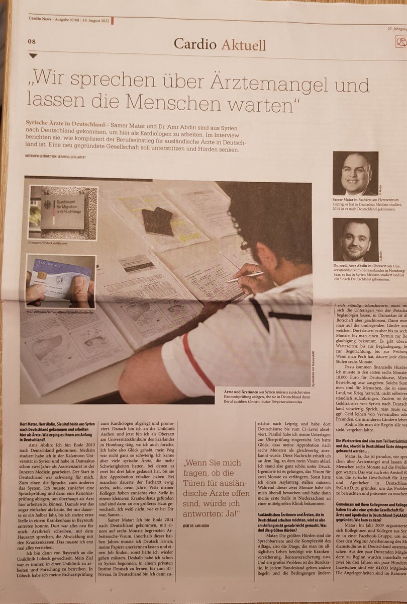 SyGAADde's tweet photo. #CardioNews (Zeitung der @DGK_org) hat in der August-Ausgabe über die Erfahrungen der syrischen ÄrztInnen mit der Einreise nach Deutschland als Beispiel für den Integrationsweg ausländischer ÄrztInnen auf dem deutschen Arbeitsmarkt berichtet.
#SyGAAD_Gründungsversammlung 
#DGK 1/ https://t.co/m2M1Ls87HK