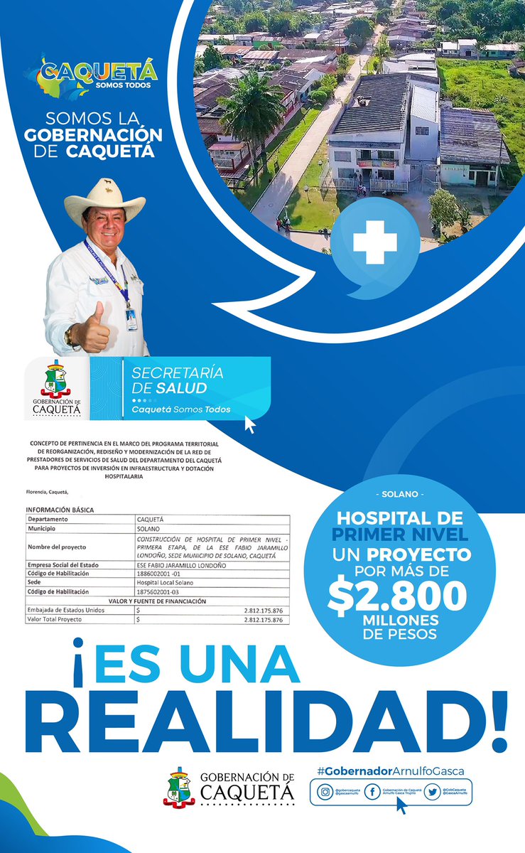 Si amigas y amigos, #EsUnaRealidad ya están los recursos para iniciar importante #Proyecto (Hospital de Primer Nivel) para el municipio de #Solano #Caquetá <a href="/GobCaqueta/">Gobernación de Caquetá</a> #CaquetáSomosTodos <a href="/MinSaludCol/">MinSalud Colombia 🇨🇴</a>