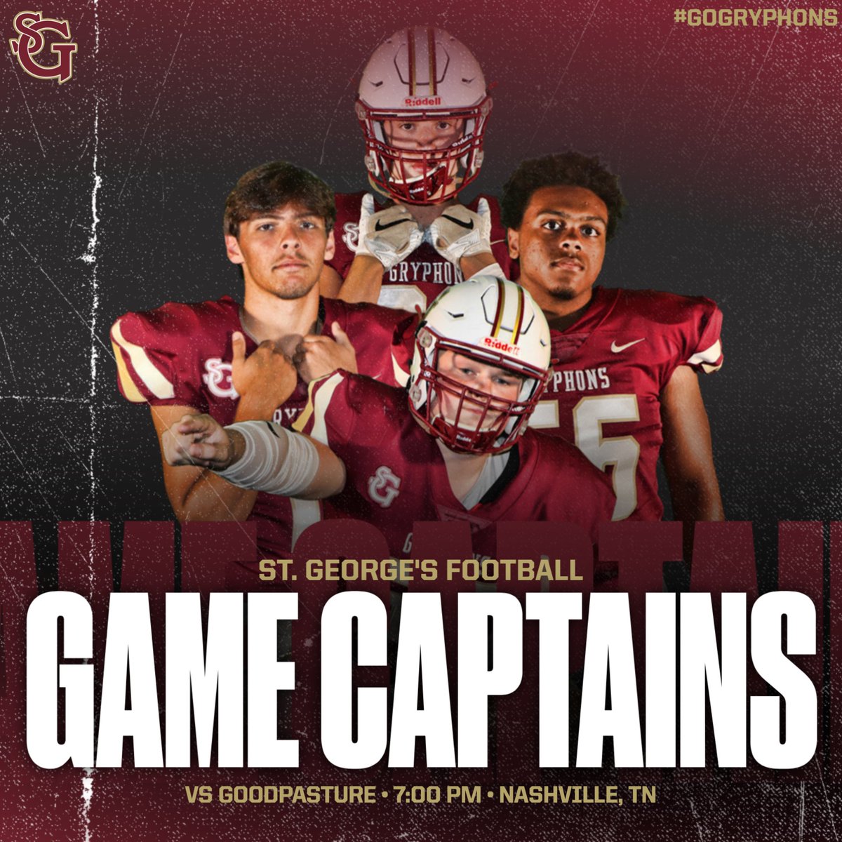 SGGryphFootball's tweet photo. Tonight's Game Captains against Goodpasture - Walker Hawkins, Jake Seward, Parker McClain, and Jared Ruth! Congrats men! #GoGryphons #WIBTM https://t.co/dcjNItMGJu