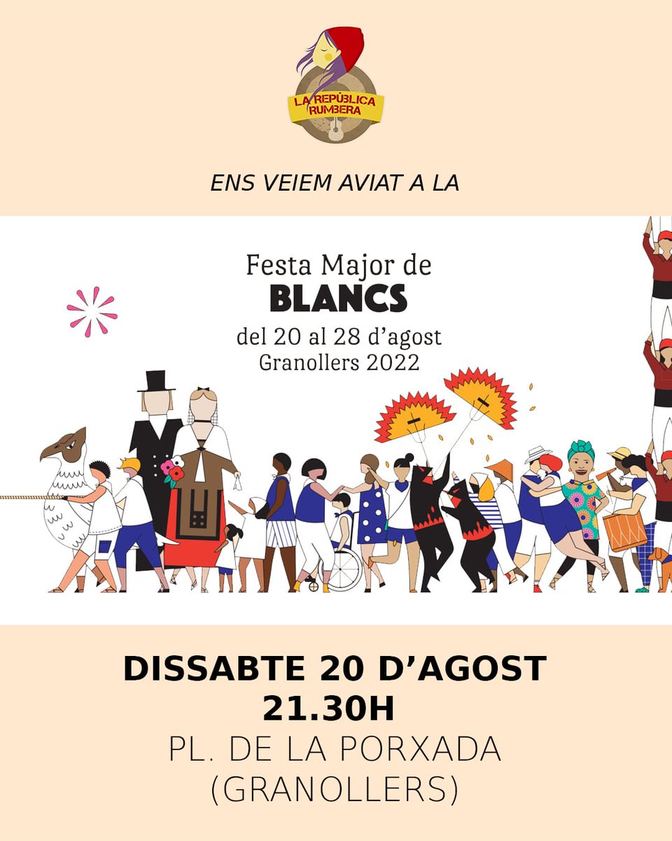 Holaa Rumberos! Ens fa molta il•lusio dir-vos que ens veiem aquest dissabte 🎉🎉🎉 rumba per un tubo a la Festa Major de Granollers, amb la colla dels Blancs!! a les 9:30h a la plaça de la Porxada! Yeepaa
<a href="/Blancsiblaus/">Blancsiblaus</a> #granollers