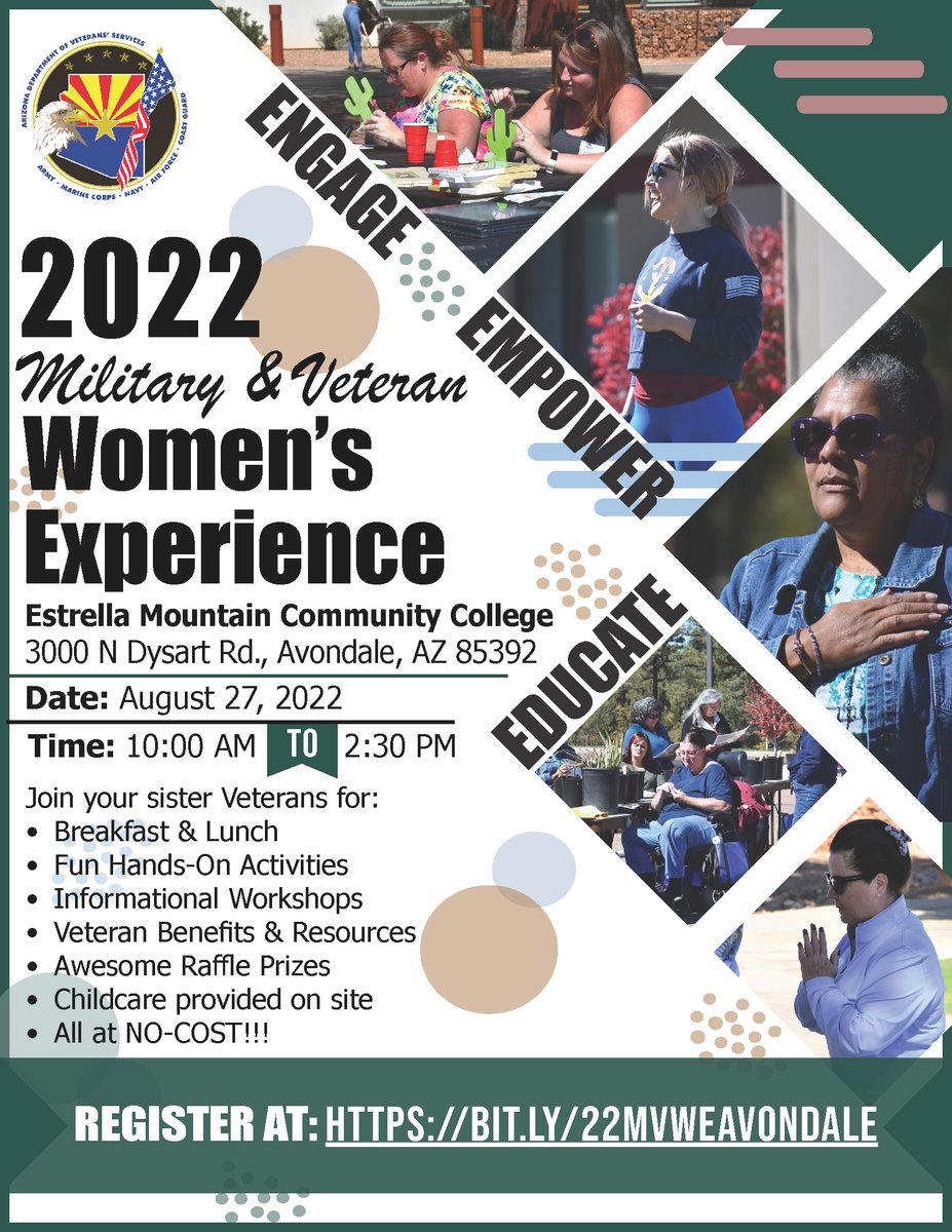 AZVETS's tweet photo. #WomenVeterans in the valley, you've got just ONE WEEK left to register for our Military and Veteran Women's Experience next Saturday (8/27) @EMCC_Official in #Avondale.

It is FREE to attend.

For more information and to sign up visit https://t.co/vMQIXhlhVK
#AZVets https://t.co/x7vvYkBIhM