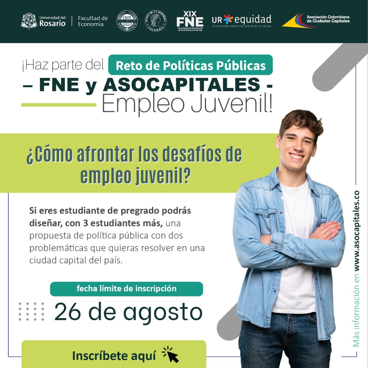Asocapitales's tweet photo. 🚨 ¡Información importante para estudiantes universitarios de las #CiudadesCapitales!

Se amplió el plazo para que juntos #ConstruyamosPolíticasPúblicas que fomenten y fortalezcan el empleo juvenil.

Inscripciones hasta el 26 de agosto: https://t.co/vnOSOkoliM https://t.co/3RKEIWOYTf