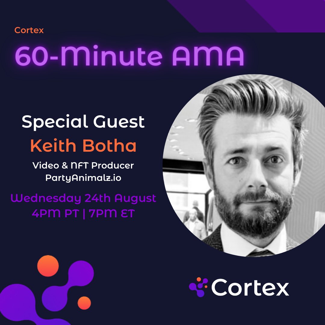 #CortexAMA hosts @KeithBotha2 next Wednesday 8/24th at 4 PM PT! 

Keith is an artist & lensman, co-founder of the @PASSNFT | PartyAnimalz Speakeasy Society.

We expect a lively discussion about the interface between the tangible world of events and #Web3! twitter.com/i/spaces/1BdGY…