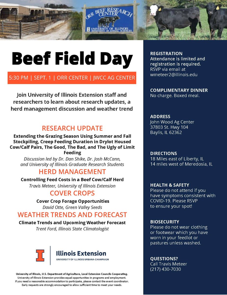 Mark your calendars! Orr Beef Research Center Field Day will be on Thursday, Sept 1st at the new JWCC Learning Center, Baylis, Illinois.