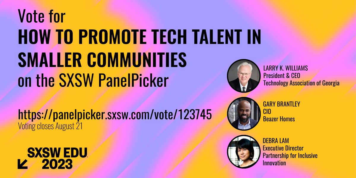 Voting is open for SXSW EDU 2023 panels! Vote for "How to Promote Tech Talent in Smaller Communities" with our Executive Director, Debra Lam, along with <a href="/LarryKWms/">Larry K. Williams</a> from <a href="/TAGthink/">TAG</a> and <a href="/trendycio/">Gary Brantley</a>. panelpicker.sxsw.com/vote/123745