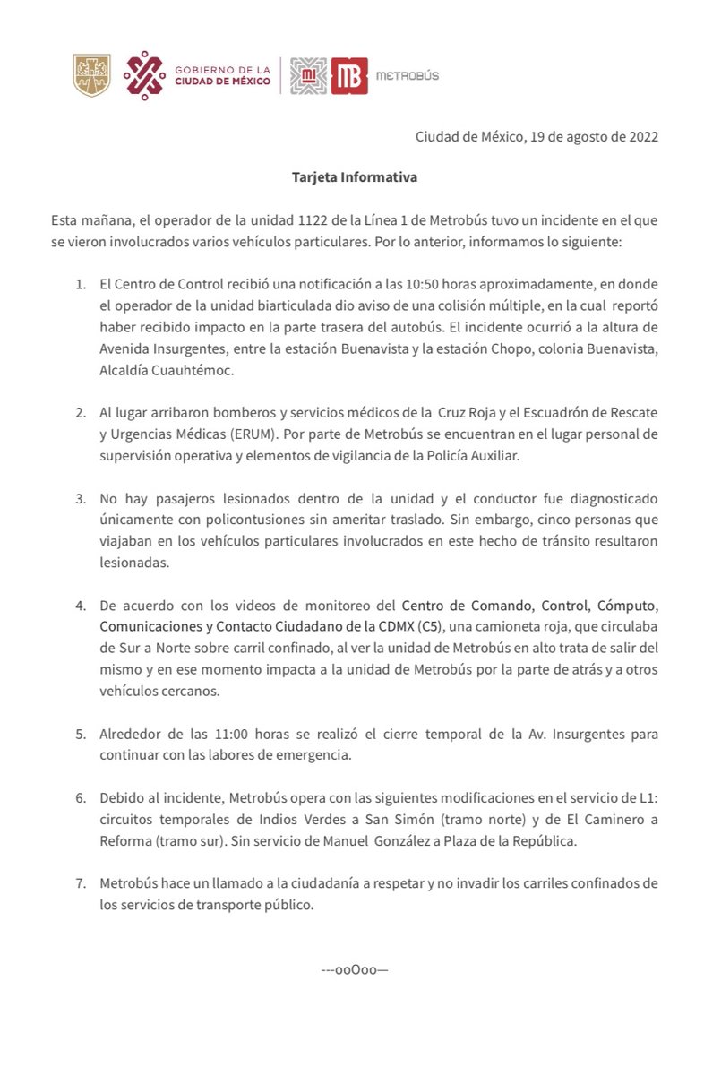 MetrobusCDMX's tweet photo. Respecto al hecho de tránsito ocurrido esta mañana sobre avenida Insurgentes, cerca de la línea 1, Metrobús informa: https://t.co/zutEv8hYmA