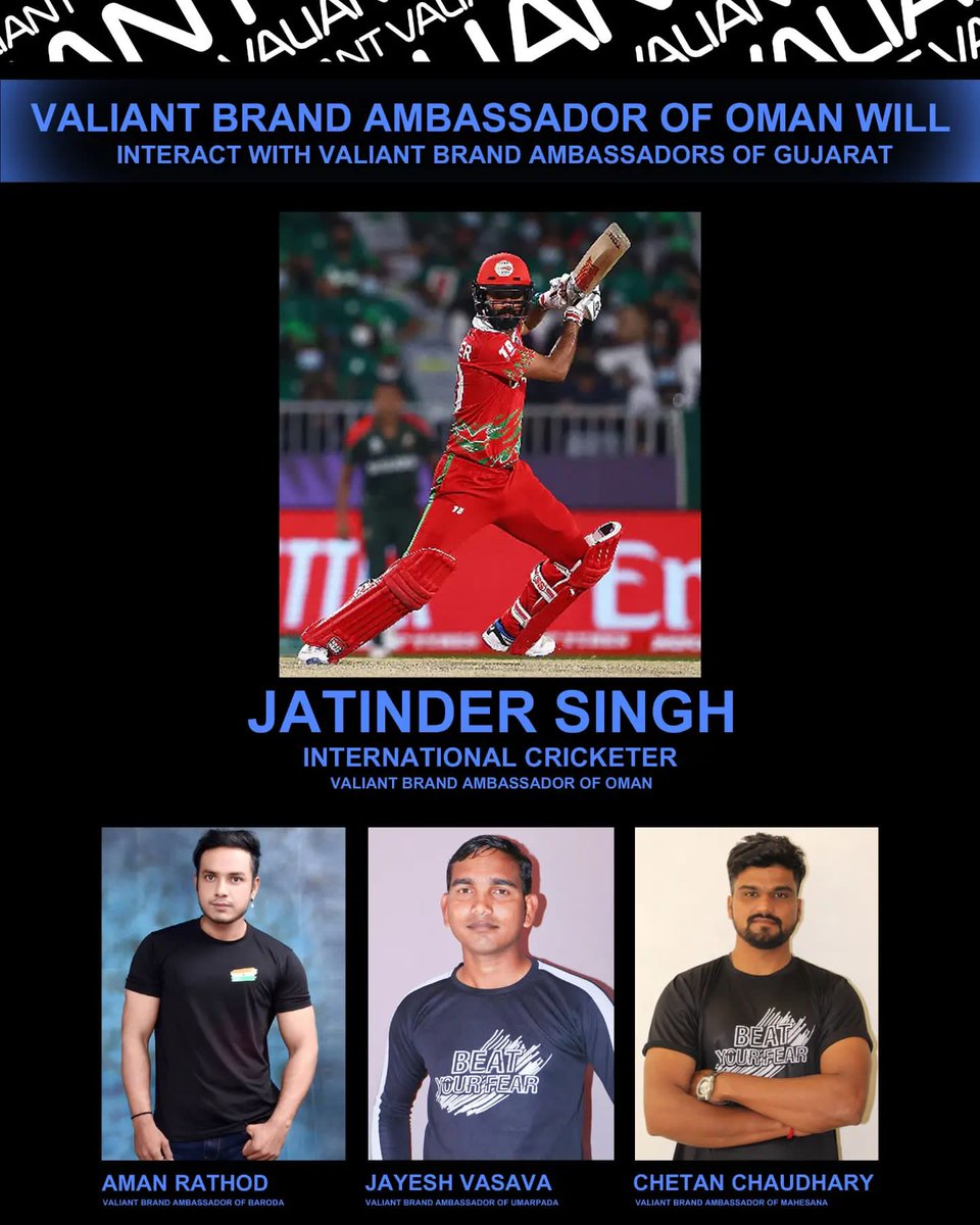 ValiantWorld's tweet photo. Let's #BeatYourFear with @ValiantWorld•Where Valiant Legend @ImJatinder10 himself will be there!!
#valiantworldwide #valiantbrandambassador #Oman #JatinderSingh #BrandAmbassador #Baroda #AmanRathod #Uparpada #JayeshVasava #Mahesana #ChetanChaudhary #Gandhinagar #Gujarat #India https://t.co/NX42IhoBK2