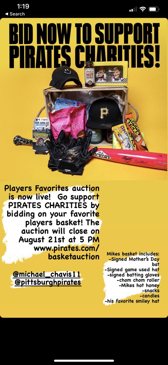 Bid now on your favorite players basket to support pirates charities! <a href="/MichaelChavis11/">Chief Chavis™</a> pirates.com/basketauction