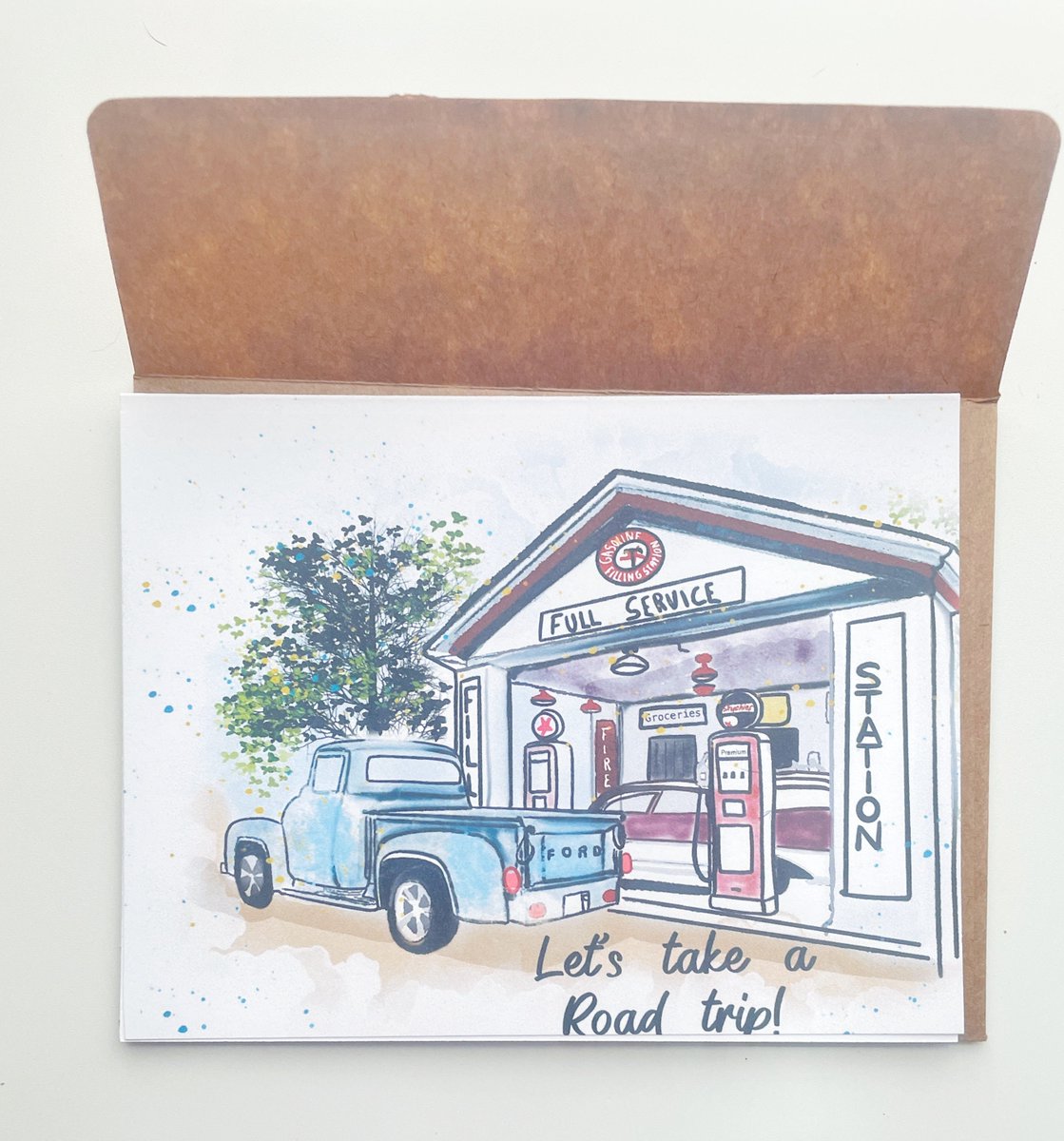 debrav's tweet photo. great card for the man in your life.  vintage ford pickup at an old gas station add your message https://t.co/3jNYHkEvCl
