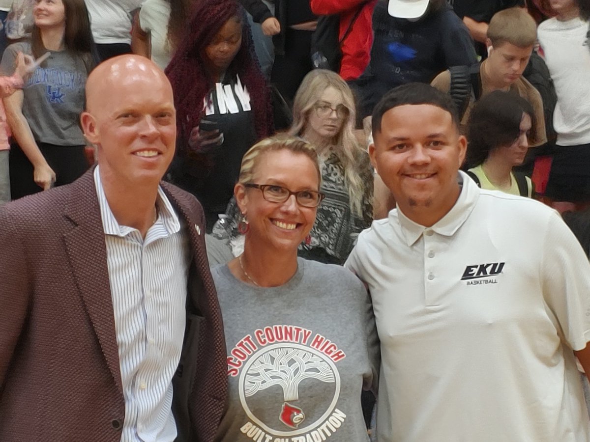 Great to be at today's Scott County assembly with three of our community's best and brightest, EKU men's basketball coach A.W. Hamilton, SCHS principal Elizabeth Gabehart and her son, EKU graduate manager Blake Harris.