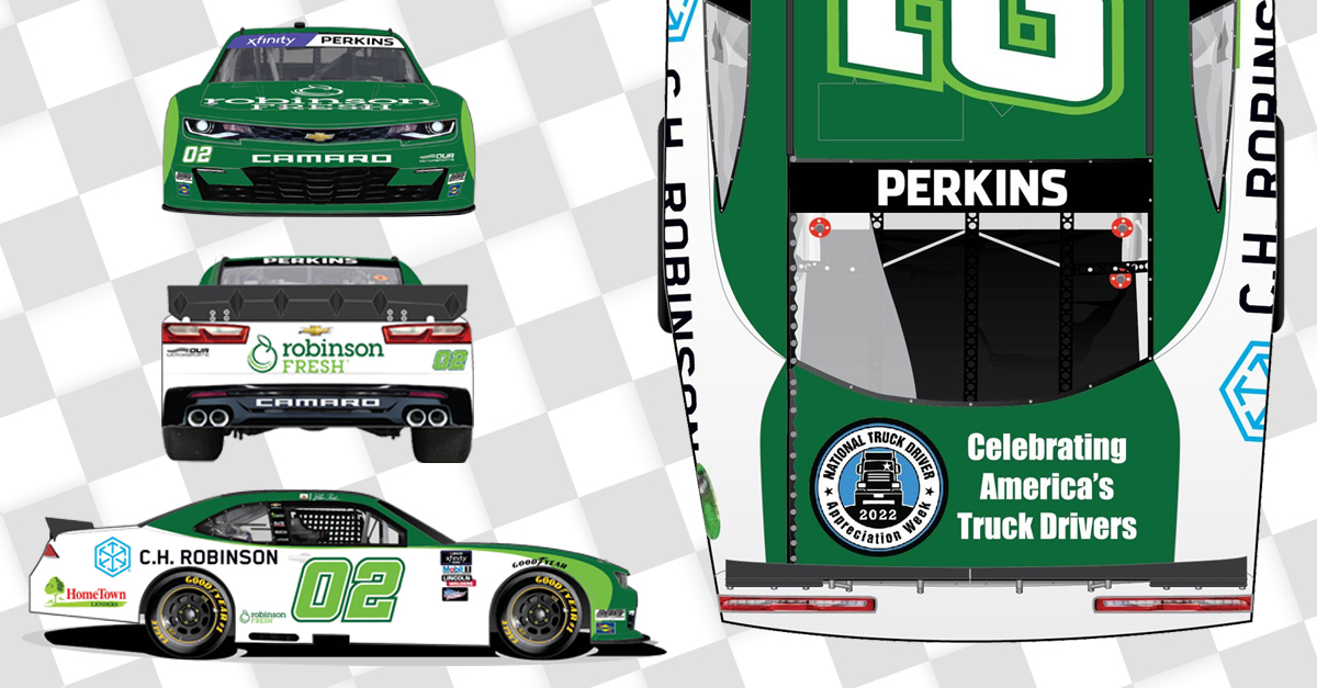 CHRobinson's tweet photo. We love to see drivers supporting drivers! Thanks to @BlainePerkins21 and our brand Robinson Fresh (@WeSpeakFresh) for helping spread appreciation for drivers in the @NASCAR_Xfinity series this Saturday https://t.co/cqDbaOpHfW